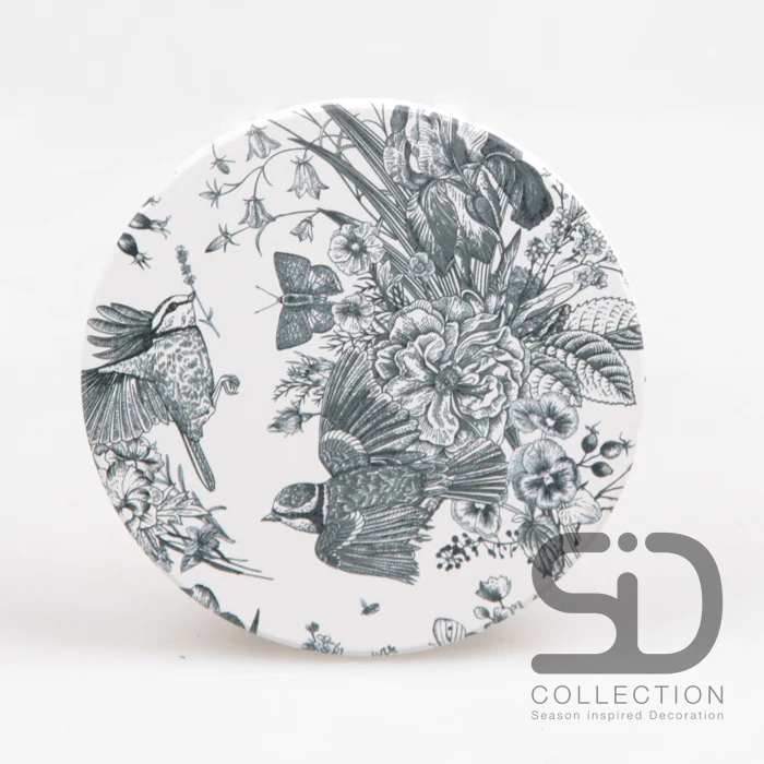 SET/4 ONDERZETTER ROND VOGELS & VLINDERS ZWART 10X10X0.7 CM