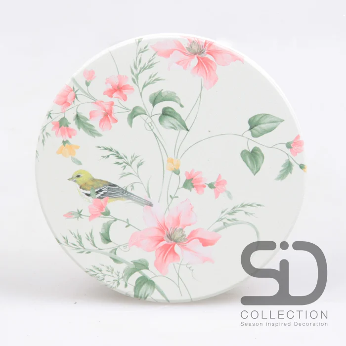 SET/4 ONDERZETTER ROND VOGEL ROZE 10X10X0.7 CM