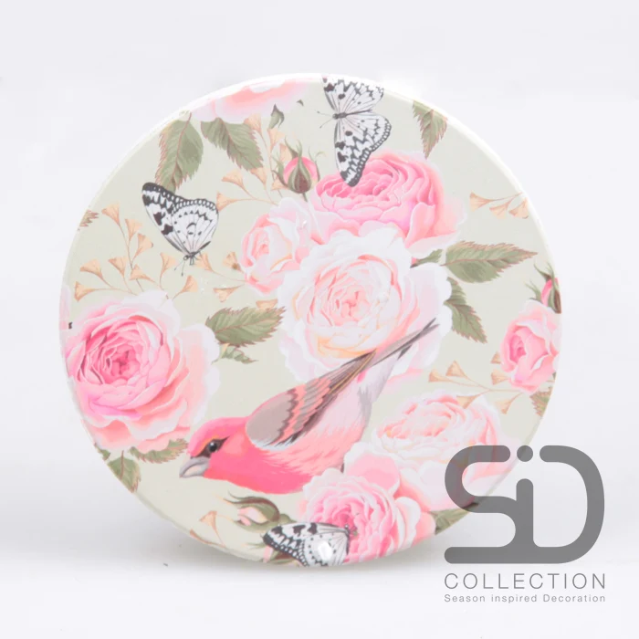SET/4 ONDERZETTER ROND VOGEL & VLINDERS ROZE 10X10X0.7 CM