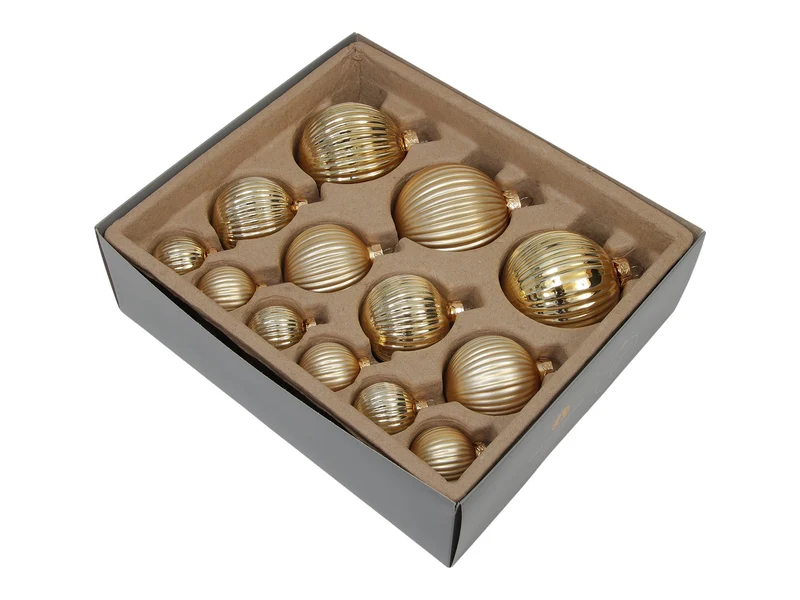 w/b. 13 assorted ribbed balls combi gold 4/6/8 cm