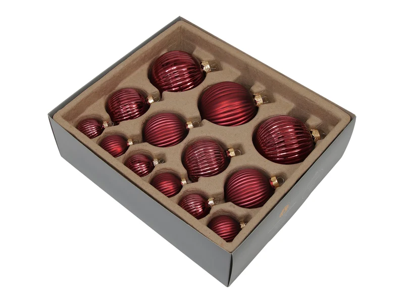 w/b. 13 assorted ribbed balls combi dark red 4/6/8 cm