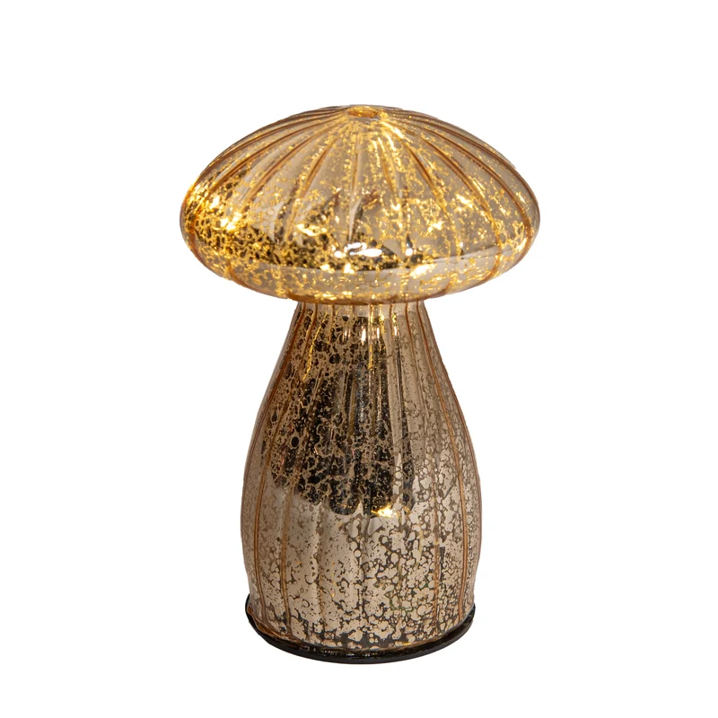PADDENSTOEL GLAS LED OP BATTERIJ MET TIMER 15X9.5CM MERCURY GOUD (excl. 2XAAA batterij)