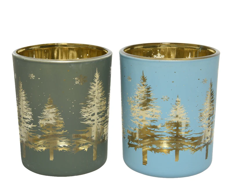 Theelichthouder glas silver and laser tree - H8,3 D7cm - 2 assortie