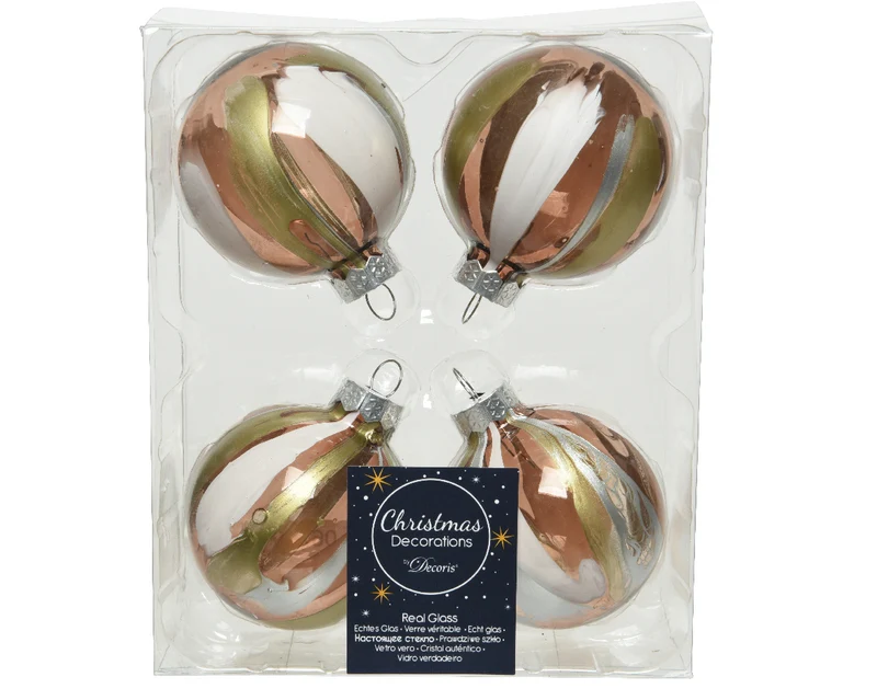 Doos á 4 Kerstballen glas transp. marble 6cm - walnut effect