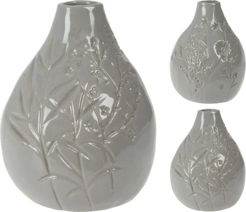 VAAS AARDEWERK MET DECO 14CM GRIJS 2 ASSORTIE