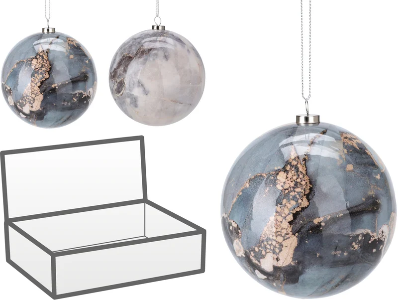 KERSTBAL 8CM KUNSTSTOF MARMER BLAUW 2 ASSORTIE