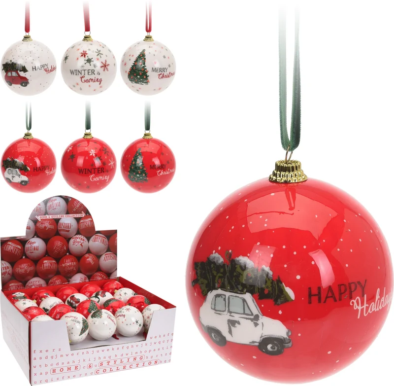 KERSTBAL ''KERST'' 75MM KUNSTSTOF 6 ASSORTIE WIT/ROOD