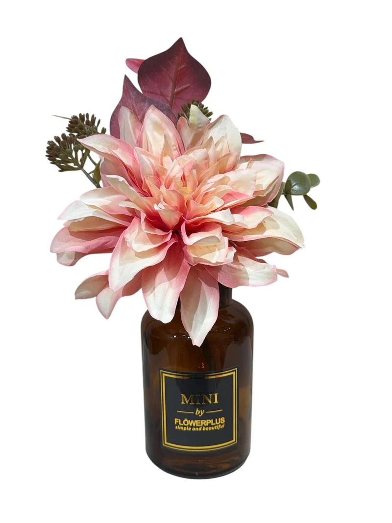Dahlia in brown glass vase with print H26cm peach