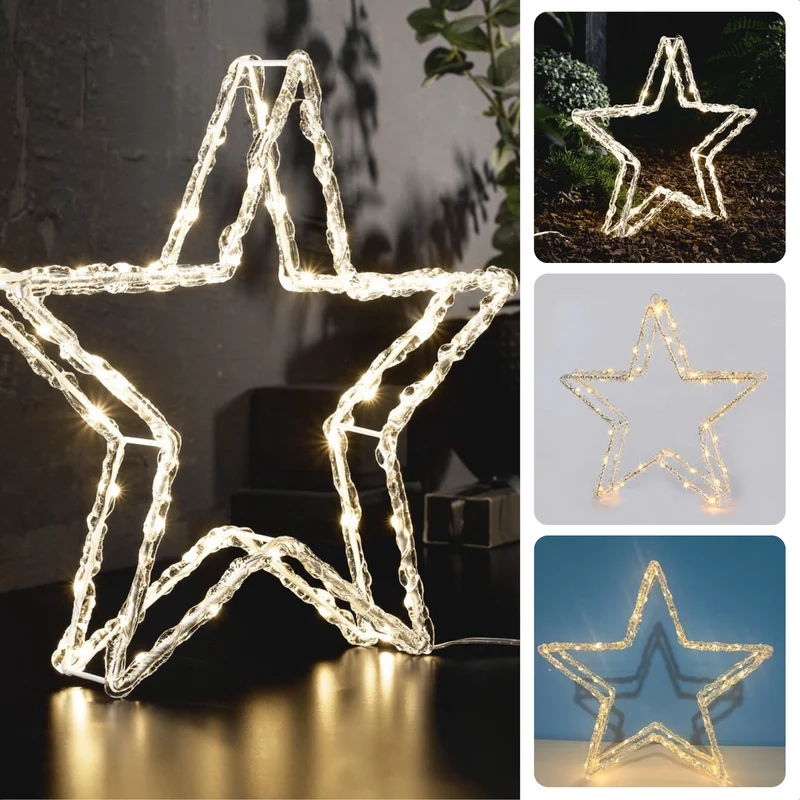 Cheqo® Luxe Kerstster - 80 LED's - Timer - Op Batterijen - Binnen en Buiten - 32 cm - Kerstverlichting - Kerst Figuur - Kerstlampjes - Kerstversiering - Lichtslinger - Voor Binnen en Buiten - Metalen Frame - Acryl - 30 x 32 x 5 cm - Energiezuinig