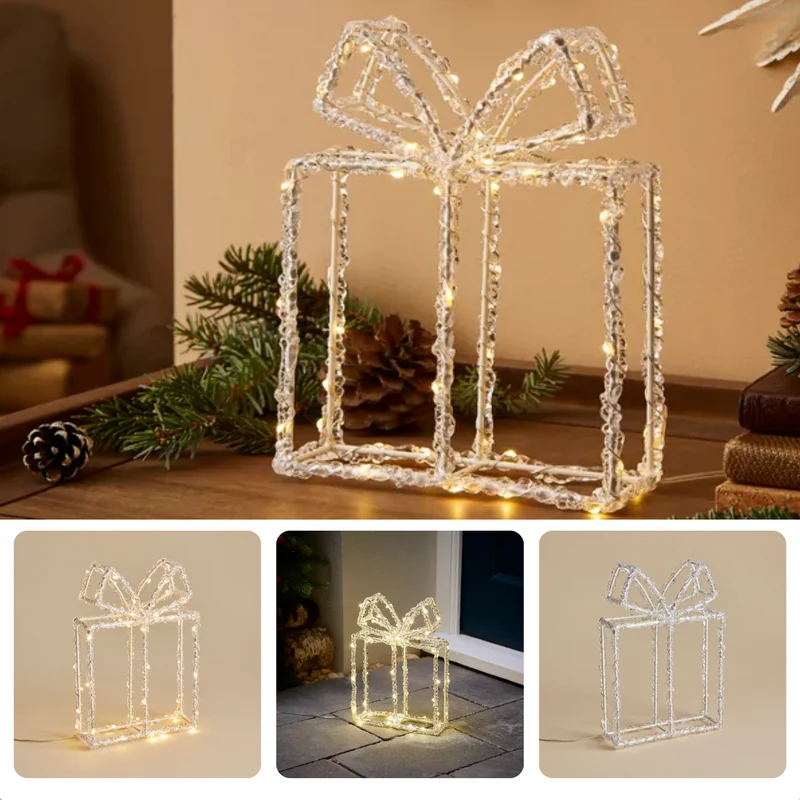 Cheqo® Kerstverlichting Kado - Cadeau - Sfeerverlichting - Kerstversiering - Timerfunctie - Op Batterijen - 80 LED - 23 cm Hoog - Metalen Frame - Acryl - Sfeerverlichting - Voor Binnen en Buiten - Kerstfiguur - Gift