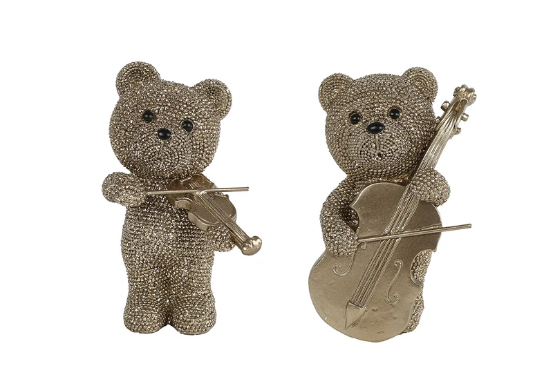 Sculptuur "Bear Music" glinster goud 2 assortie polystone 8x7x12,5cm