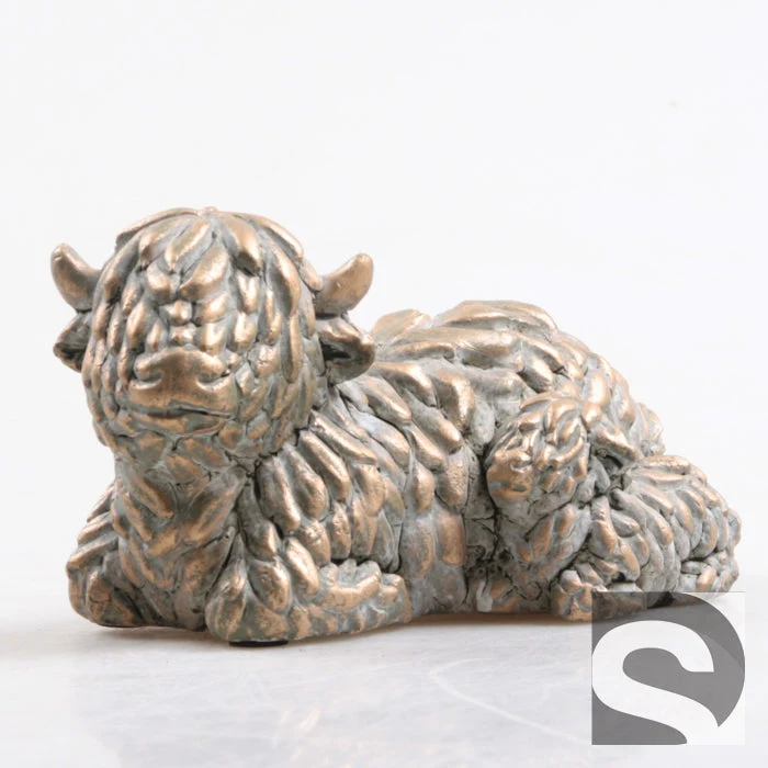 Hooglander Koe m/Kind Cement Goud 16x10x9 cm