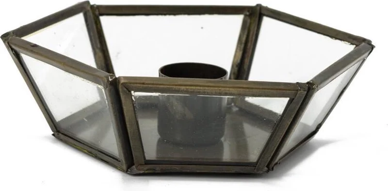 Kandelaar zeshoek glas/metaal 3×12,5x9cm vintage goud