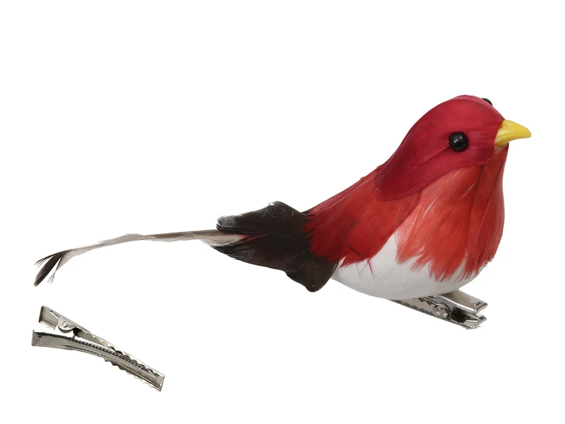 w/b. 8 feather birds/clip red 12.5x3 cm