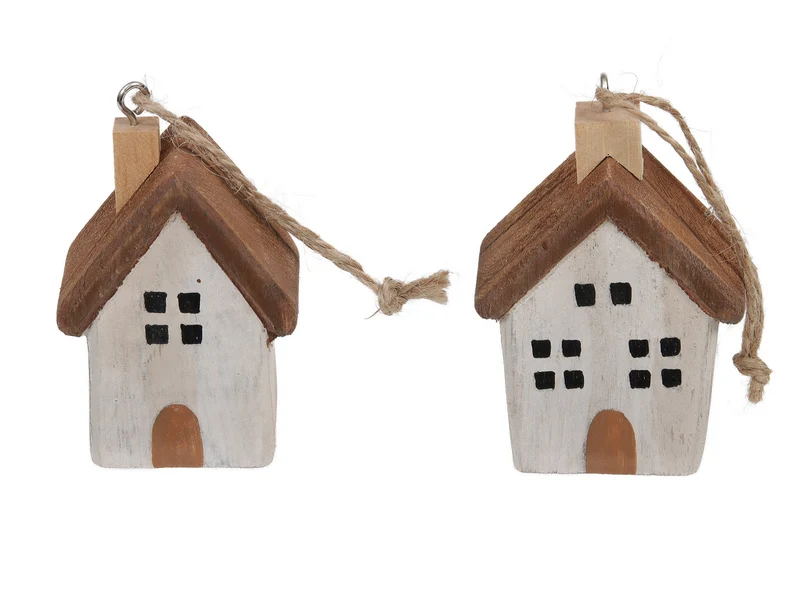pb. 4 wooden houses/hanging brown 5x3.5x7 cm