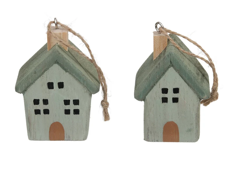 pb. 4 wooden houses/hanging green 5x3.5x7 cm