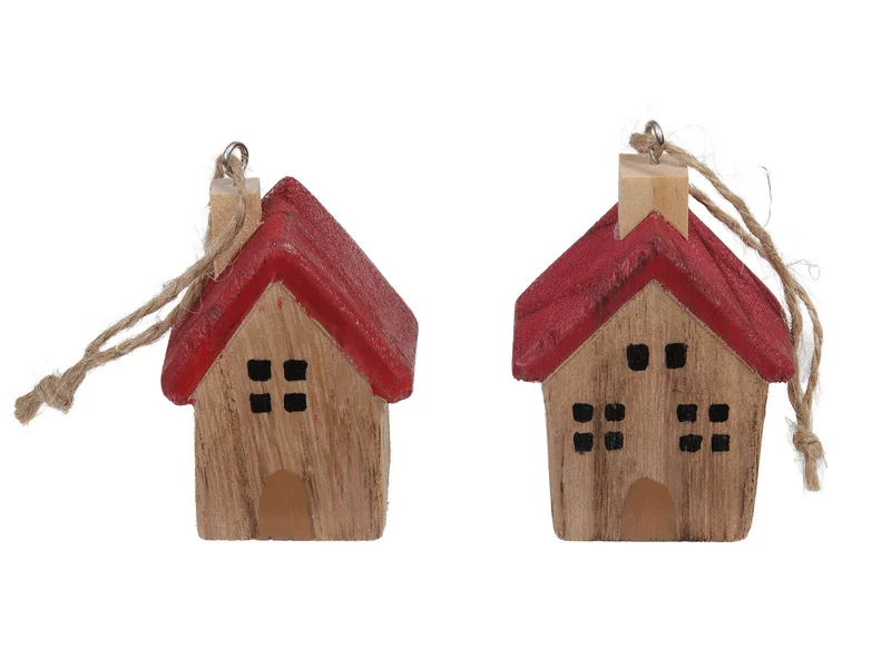 pb. 4 wooden houses/hanging red 5x3.5x7 cm