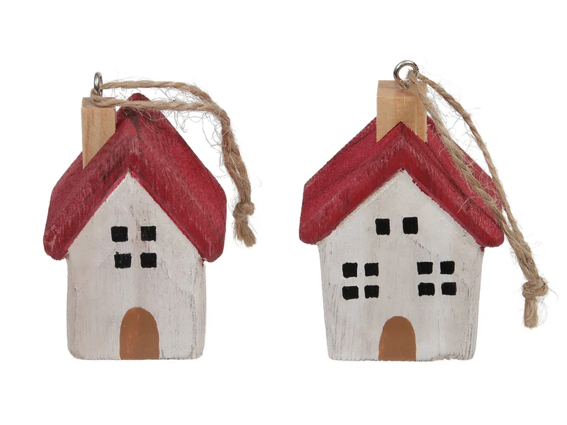 pb. 4 wooden houses/hanging white 5x3.5x7 cm