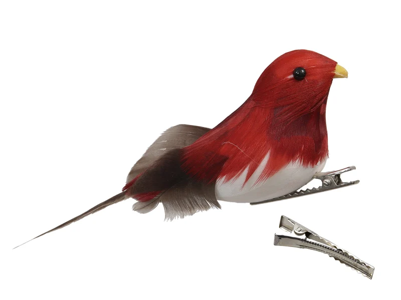 w/b. 8 feather birds/clip red 3x11.5x4.5 cm