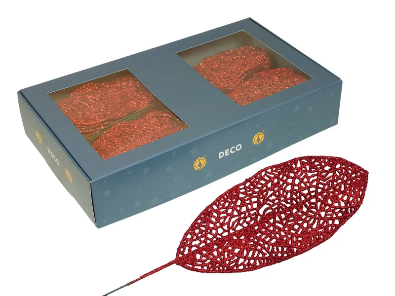 w/b. 48 sparkling deco leaves red 60x140mm