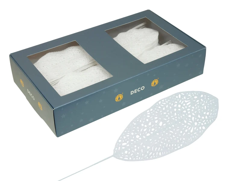 w/b. 48 sparkling deco leaves white 60x140mm