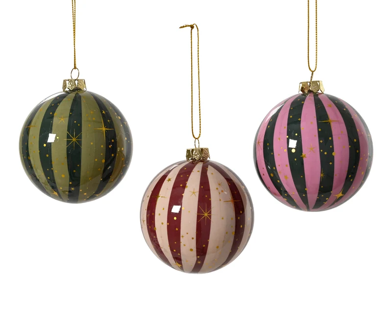 Kerstbal polyfoam shiny stripe 3 kleuren assortie D.8cm