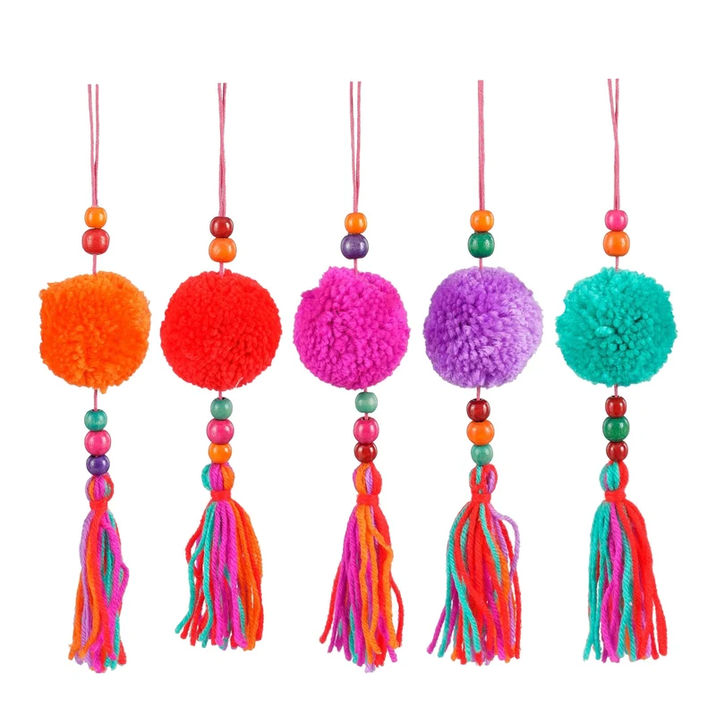 Ornament pom pon oranje fuchsia paars rood groen 5 assorti - h16xd5cm