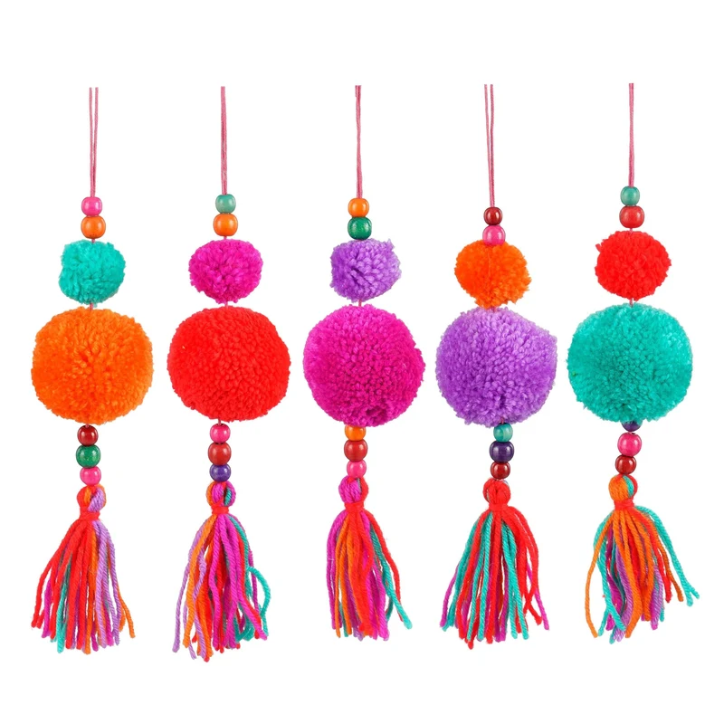 Ornament pom pon oranje fuchsia paars rood groen 5 assorti - h25xd7cm