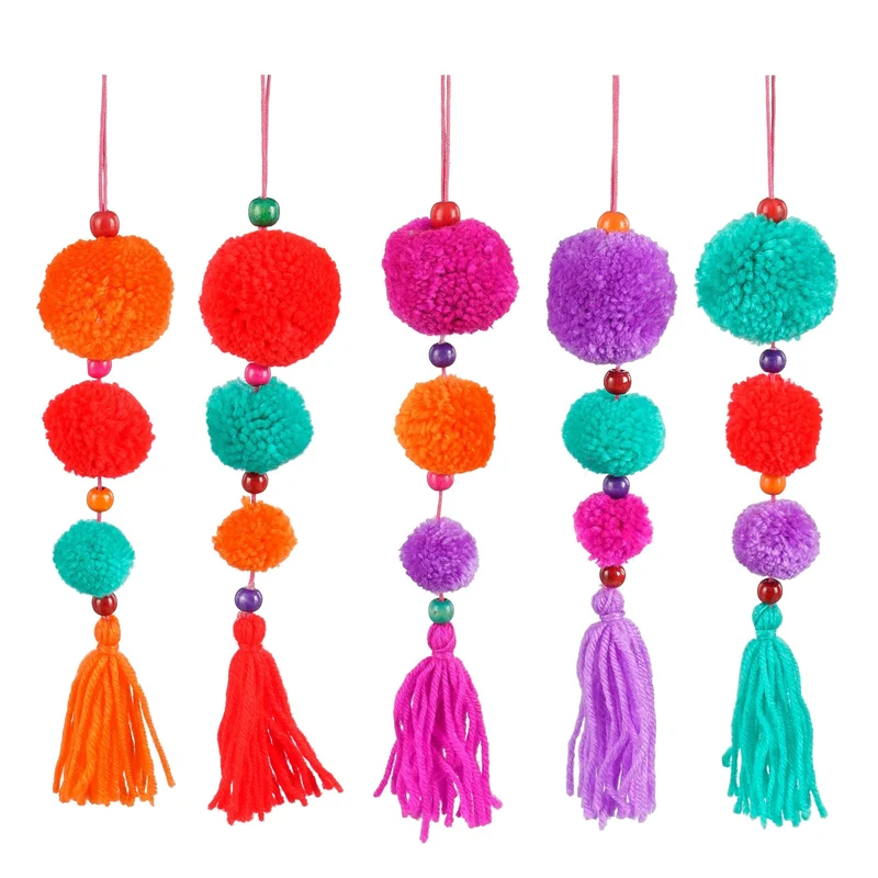 Ornament pom pon oranje fuchsia paars rood groen 5 assorti - h27xd6cm