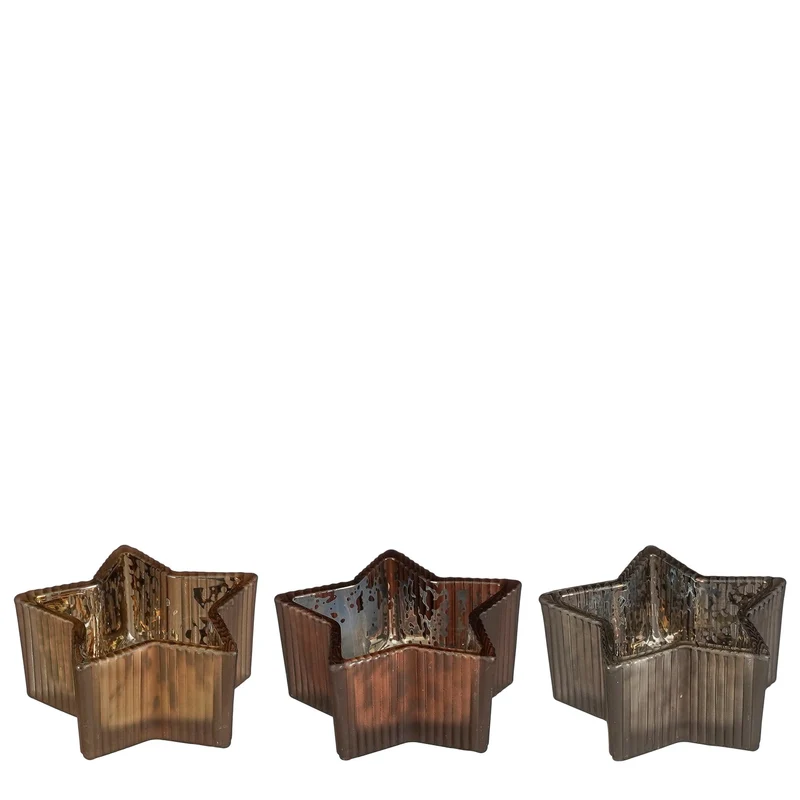 Theelicht houder ster bruin d.bruin d.grijs 3 assorti - h4xd9cm