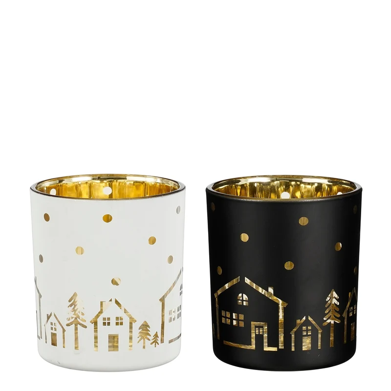 Theelicht houder huis wit zwart 2 assorti - h8xd7cm