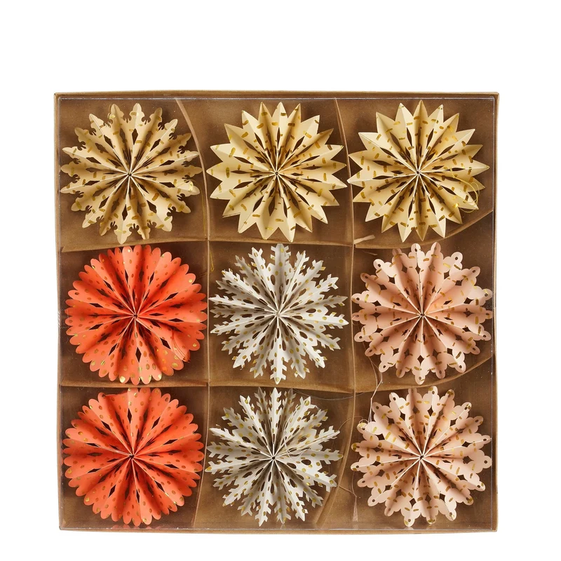 Ornament sneeuwvlok oranje l.roze grijs creme 9 stuks FSC Mix
