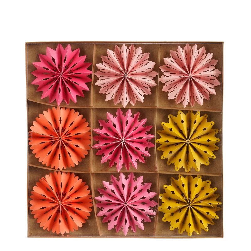 Ornament sneeuwvlok roze geel oranje fuchsia 9 stuks FSC Mix