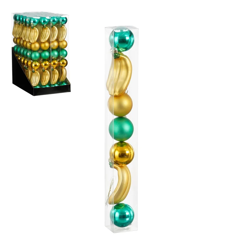 Ornament banaan kerstbal goud groen 7 stuks - d6cm