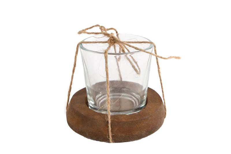 Theelichth"Maro" helder/naturel glas/hout 7,5x7,5x7cm