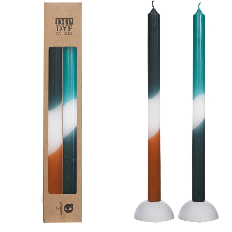 Dip Dye taper candle Ø2.2 h.34 cm petrol - olijf set 2