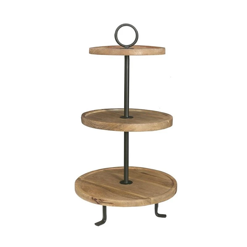 Etagere 3 lagen mangohout Ø35 H62cm op zwart met. standaard