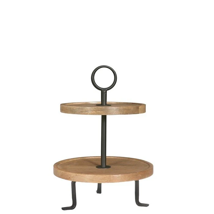 Etagere 2 lagen mangohout Ø30 H40cm op zwart met. standaard
