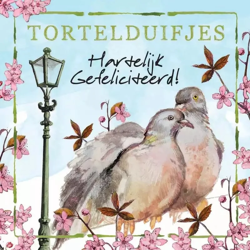 Tortelduifjes wenskaart Rien Poortvliet, hartelijk gefeliciteerd