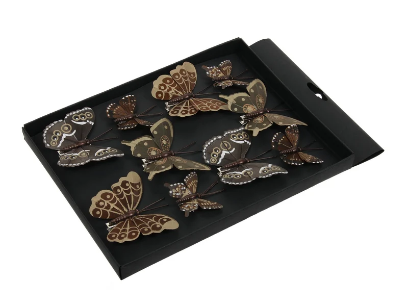 w/b. 10 feather butterflies/clip brown 5+8 cm