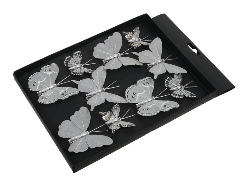 w/b. 10 feather butterflies/clip grey 5+8 cm
