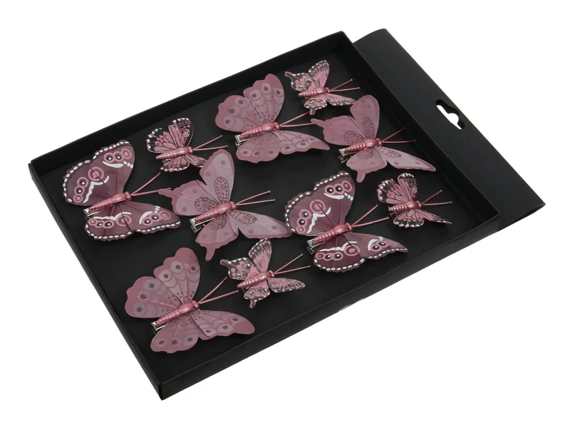w/b. 10 feather butterflies/clip pink 5+8 cm
