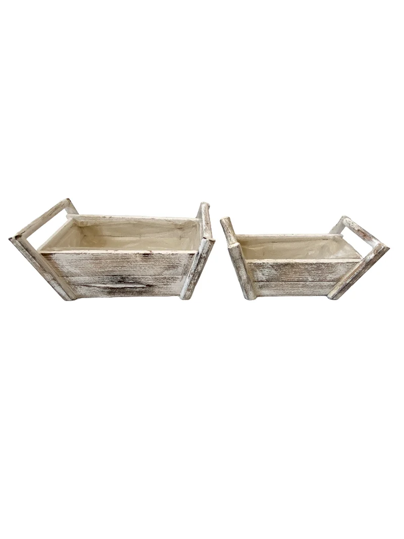 Set/2 houten bak David rechtoek oud-wit met handvaten 31x17,5x13cm/27x12x12cm