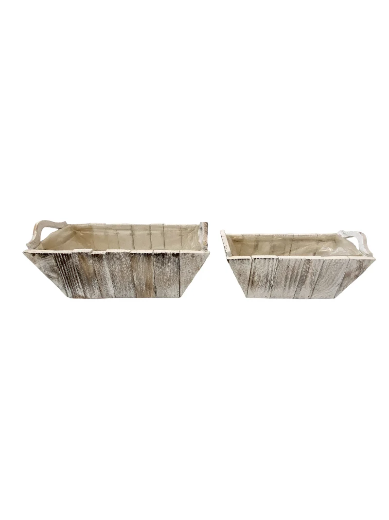 Set/2 houten bak David rechtoek oud-wit met handvaten 33x14x13cm/27x11x12cm