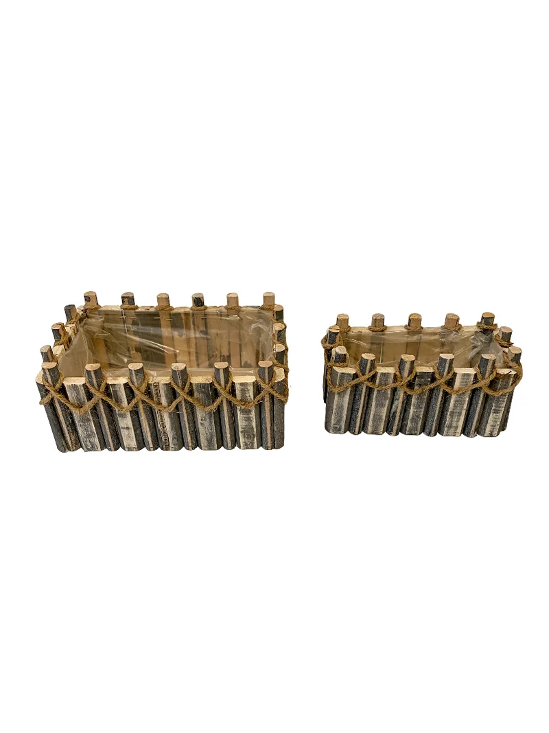 Set/2 houten planter Castle rechthoek grijs met touw 28x17x12cm/22x12x11cm