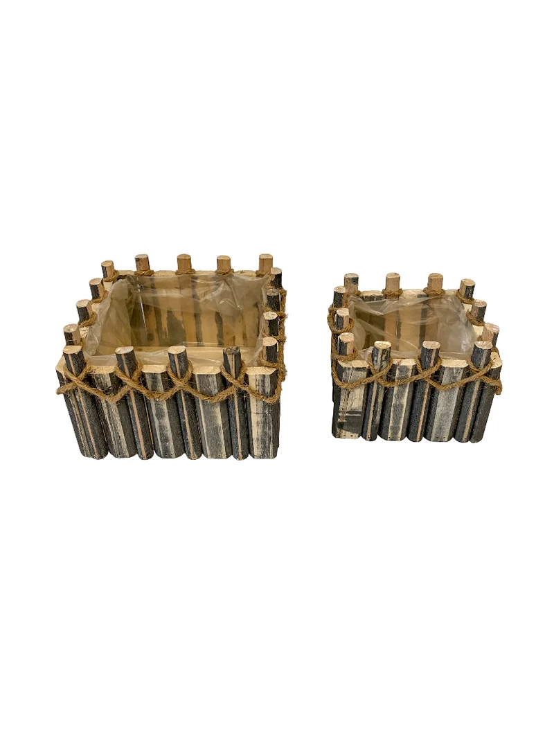 Set/2 houten planter Castle vierkant grijs met touw 21x21x12cm/16x16x11cm