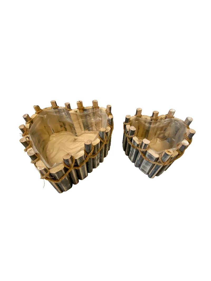 Set/2 houten planter Castle hartvorm grijs met touw 24x24x12cm/17x17x11cm