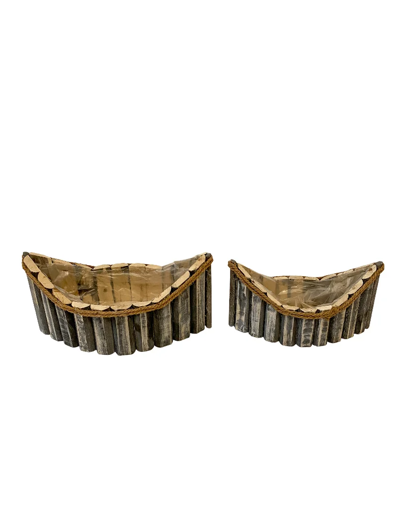 Set/2 houten planter Wall bootvorm grijs met touw 34x17x17cm/27x13x15cm