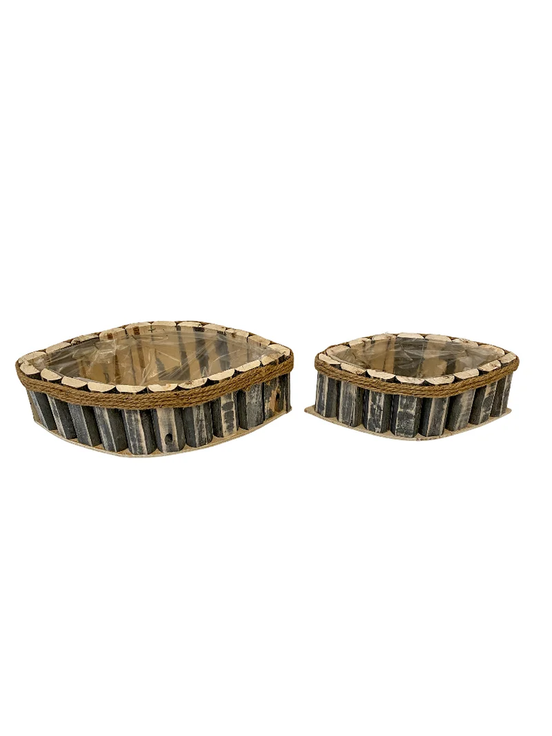 Set/2 houten planter Wall bootvorm grijs met touw 35x18x10cm/28x13x9cm