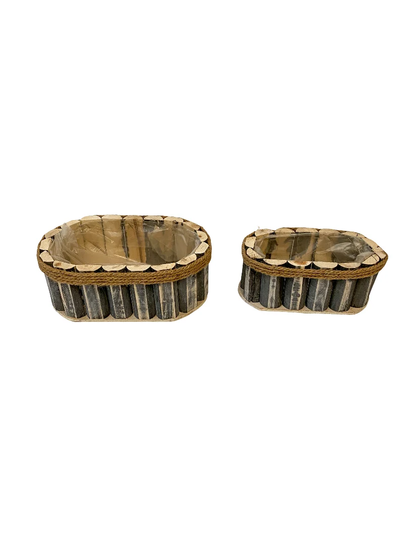 Set/2 houten planter Wall ovaal grijs met touw 28x18x10cm/21x13x9cm